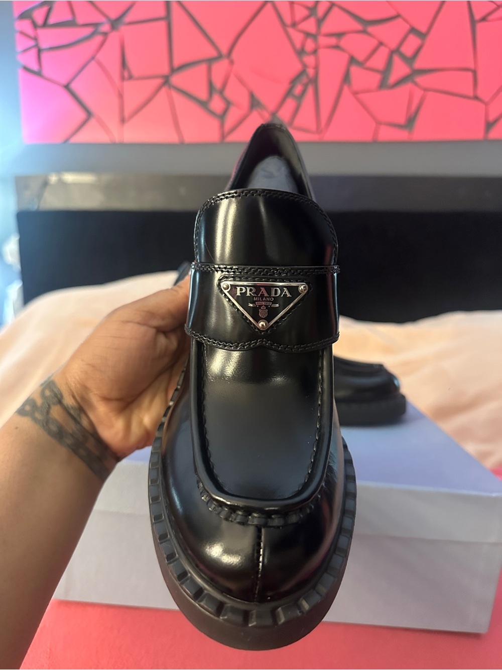 NIB Prada Black Patent Leather Logo Strap Loafers Heel